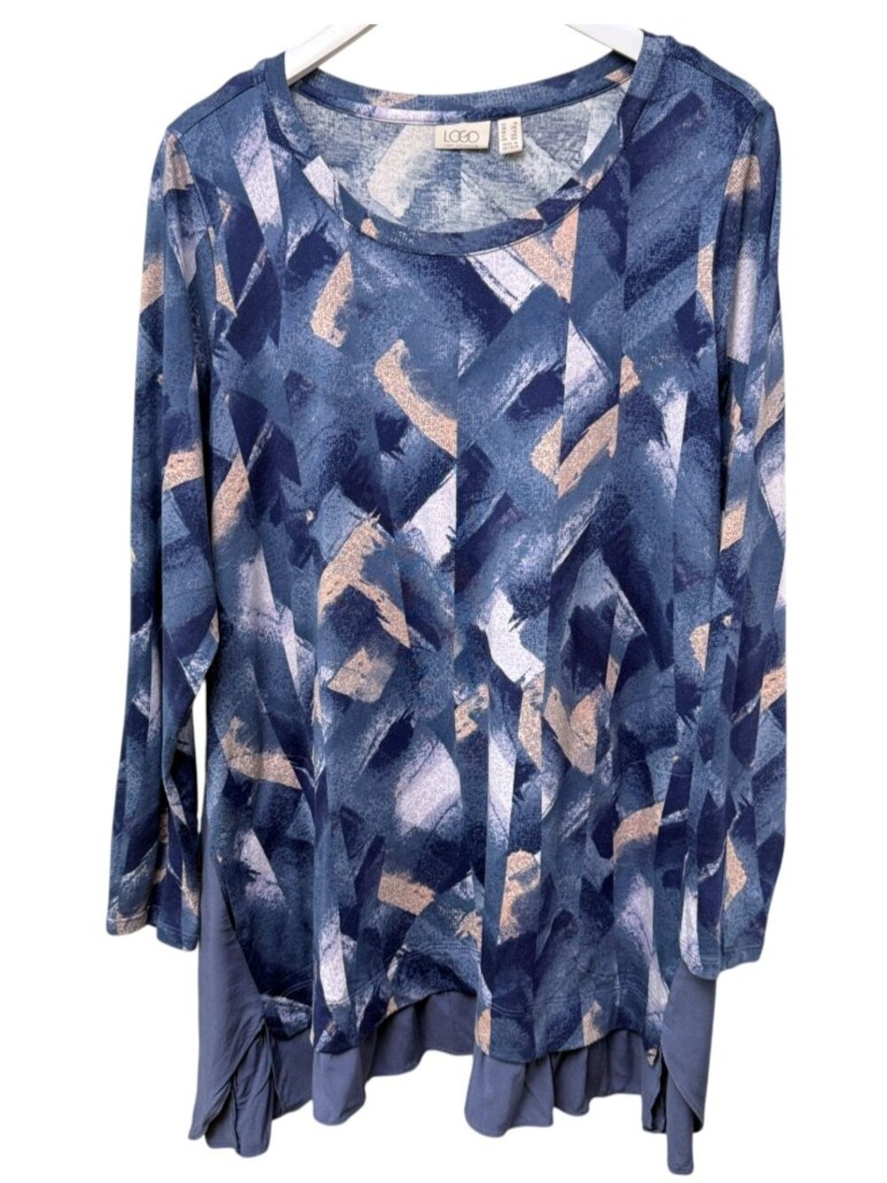 LOGO Lori Goldstein Tunic Tee Plus Size 1X Blue Abstract Chiffon Ruffle NWOT